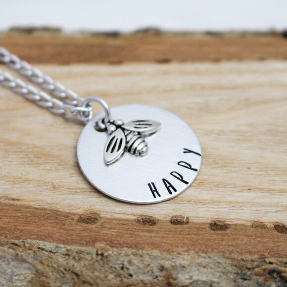 Bee Happy - Hand Stamped Pendant Necklace - Handmade & Hypoallergenic - Picture 2 of 6